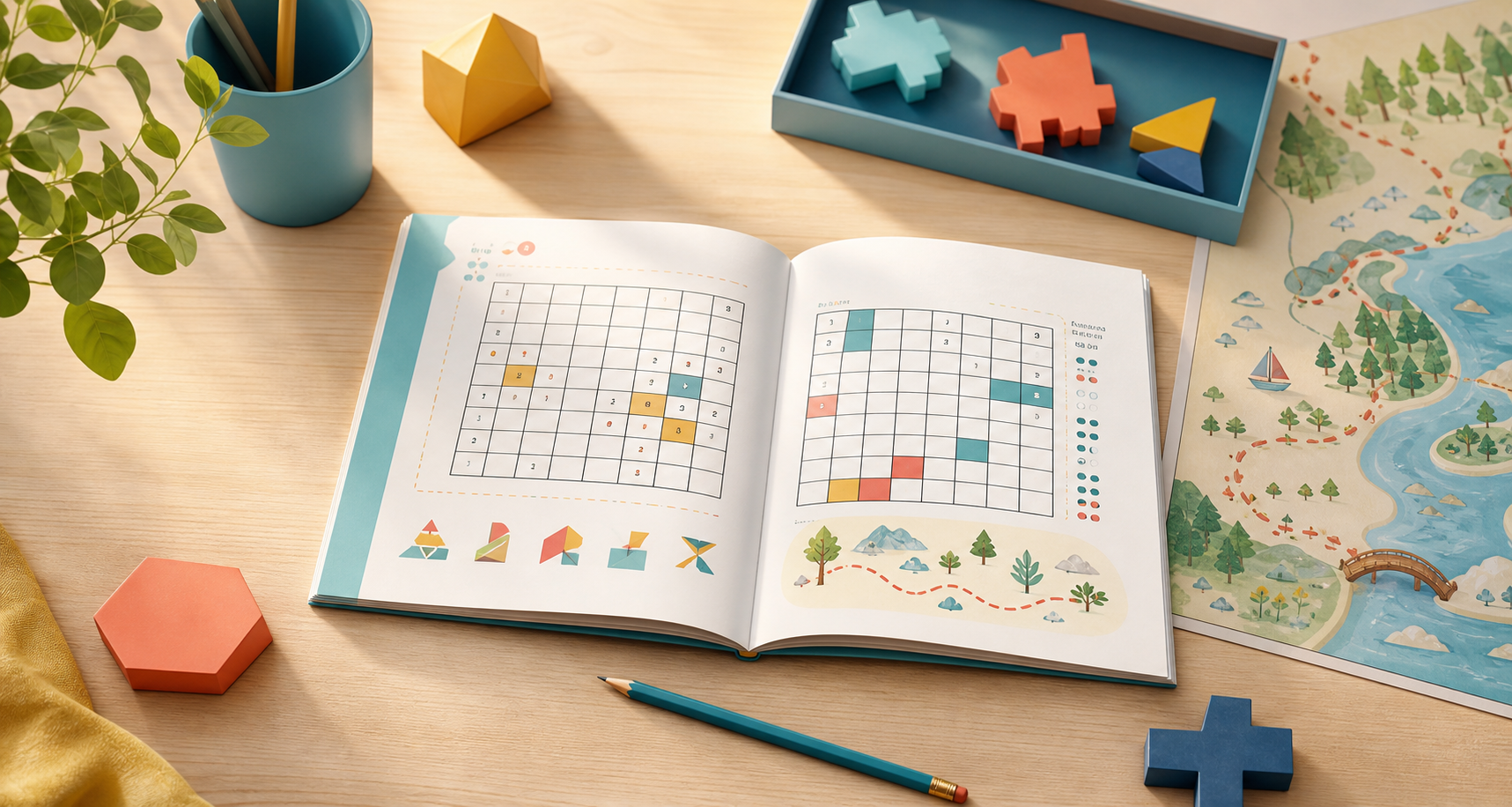 A bright tabletop with an open puzzle workbook, pencil, and illustrated quest map.